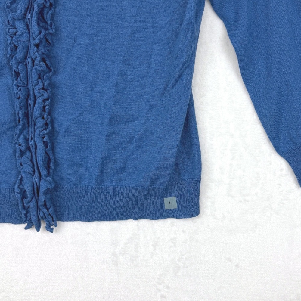 Ann‎ Taylor LOFT Blue Linen Cotton Ruffle Trim 3/4 Sleeve Cardigan Sweater L NEW - Picture 5 of 10